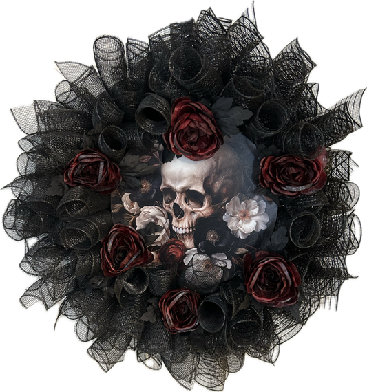 "Skulls and Roses" Deco Mesh Wreath