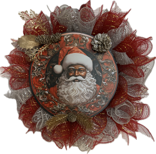 "African American Santa" Mini Deco Mesh Wreath